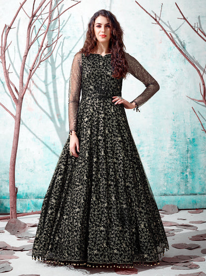 Rajwada Women Designer Black Net Semi Stitched Gown