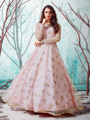 Rajwada Women Designer Pink Net Semi Stitched Gown