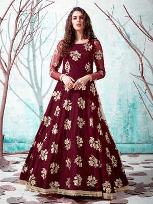 Rajwada Women Designer Maroon Net Semi Stitched Gown