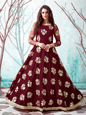 Rajwada Women Designer Maroon Net Semi Stitched Gown