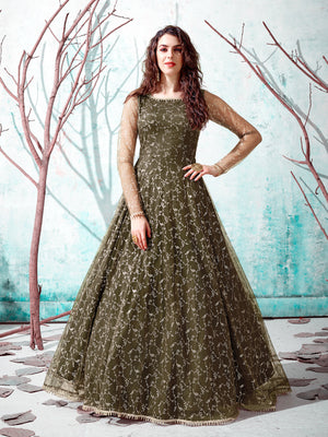 Rajwada Women Designer Olive Net Semi Stitched Gown