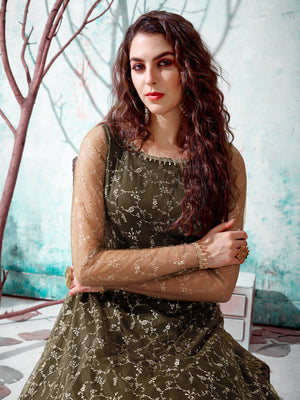 Rajwada Women Designer Olive Net Semi Stitched Gown