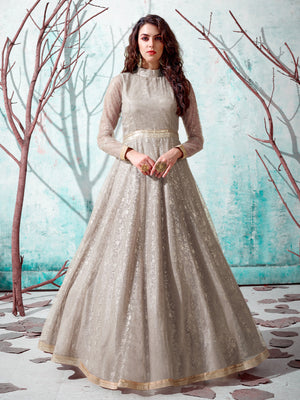 Rajwada Women Designer Beige Net Semi Stitched Gown