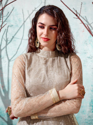 Rajwada Women Designer Beige Net Semi Stitched Gown