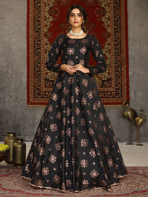 Rajwada Women Designer Black Taffeta Semi Stitched Gown