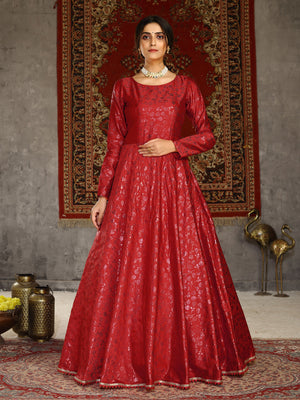 Rajwada Women Designer Red Taffeta Semi Stitched Gown