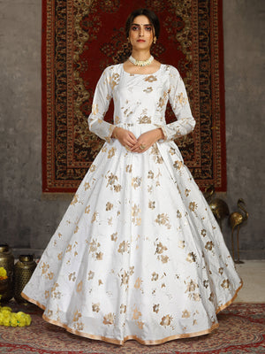 Rajwada Women Designer White Taffeta Semi Stitched Gown