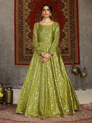Rajwada Women Designer Olive Taffeta Semi Stitched Gown