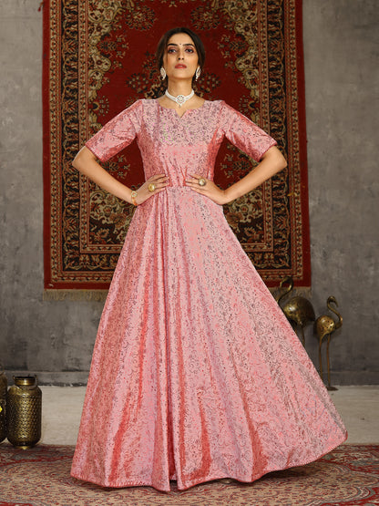 Rajwada Women Designer Pink Taffeta Semi Stitched Gown
