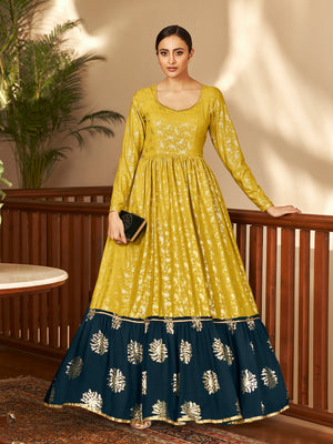 Rajwada Women Designer Yellow Georgette Semi Stitched Gown