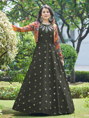 Rajwada Women Designer Olive Cotton Semi Stitched Gown