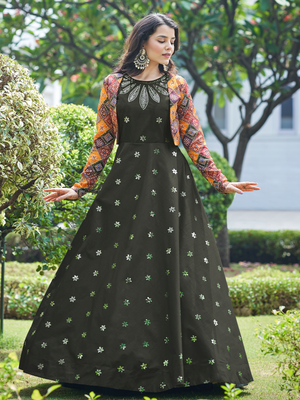 Rajwada Women Designer Olive Cotton Semi Stitched Gown