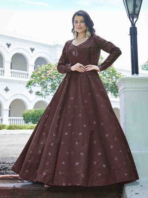 Rajwada Women Designer Maroon Cotton Semi Stitched Gown