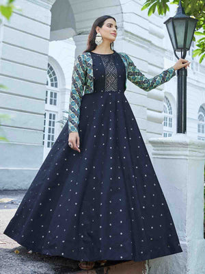 Rajwada Women Designer Blue Cotton Semi Stitched Gown