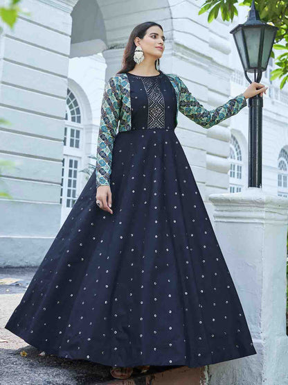 Rajwada Women Designer Blue Cotton Semi Stitched Gown