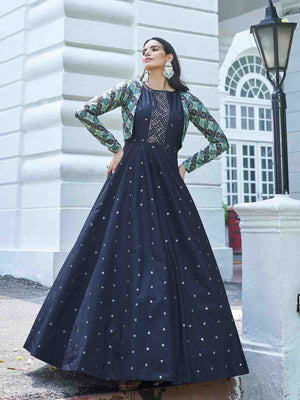 Rajwada Women Designer Blue Cotton Semi Stitched Gown