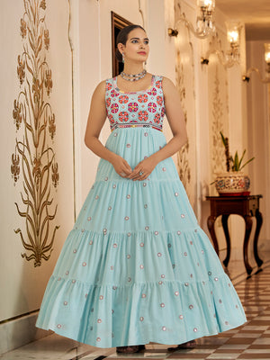 Rajwada Women Designer Sea Green Georgette Semi Stitched Gown