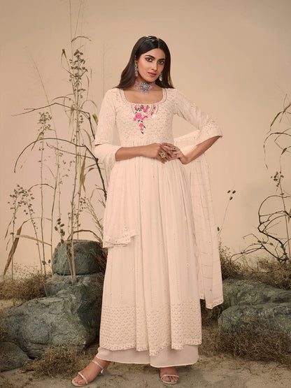Rajwada Women Classy Beige Georgette Stitched Salwar Suit