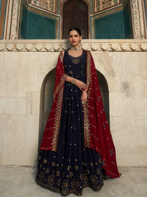 Rajwada Women Designer Dark Blue Georgette Semi Stitched Gown
