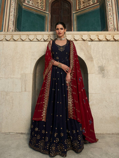 Rajwada Women Designer Dark Blue Georgette Semi Stitched Gown