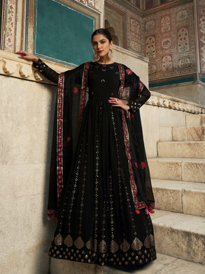 Rajwada Women Designer Black Georgette Semi Stitched Gown
