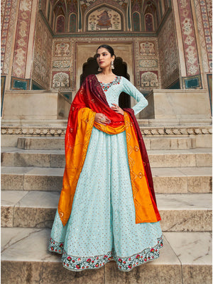Rajwada Women Designer Sky Blue Georgette Semi Stitched Gown