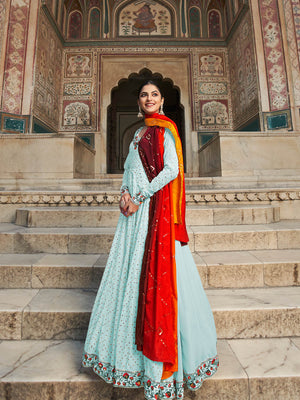 Rajwada Women Designer Sky Blue Georgette Semi Stitched Gown