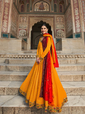 Rajwada Women Classic Yellow Embroidered Semi Stitched Gown
