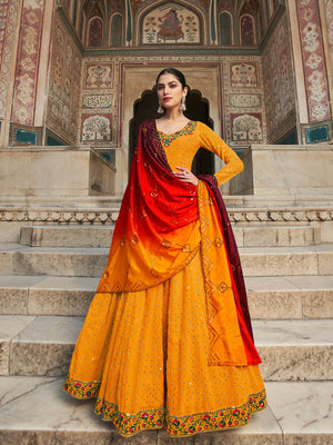 Rajwada Women Classic Yellow Embroidered Semi Stitched Gown