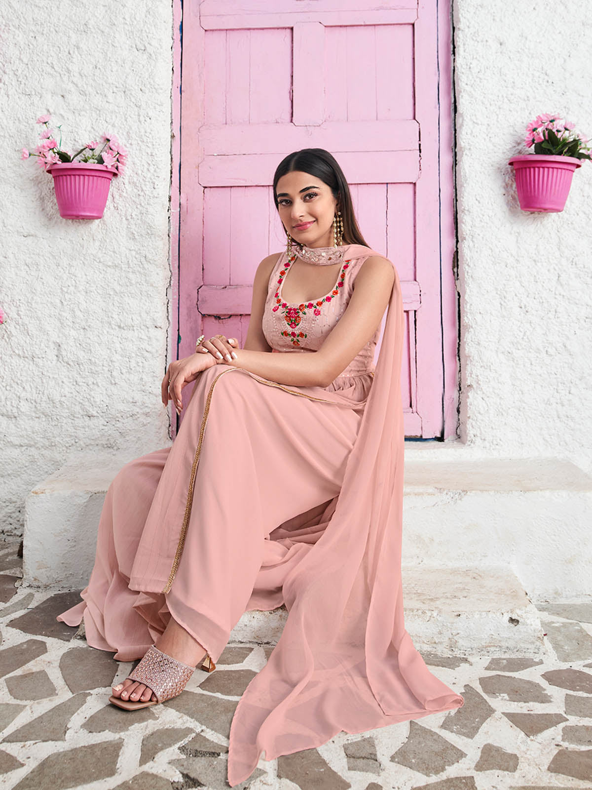 Rajwada - Peach Georgette Embroidered Stitched Salwar Suit