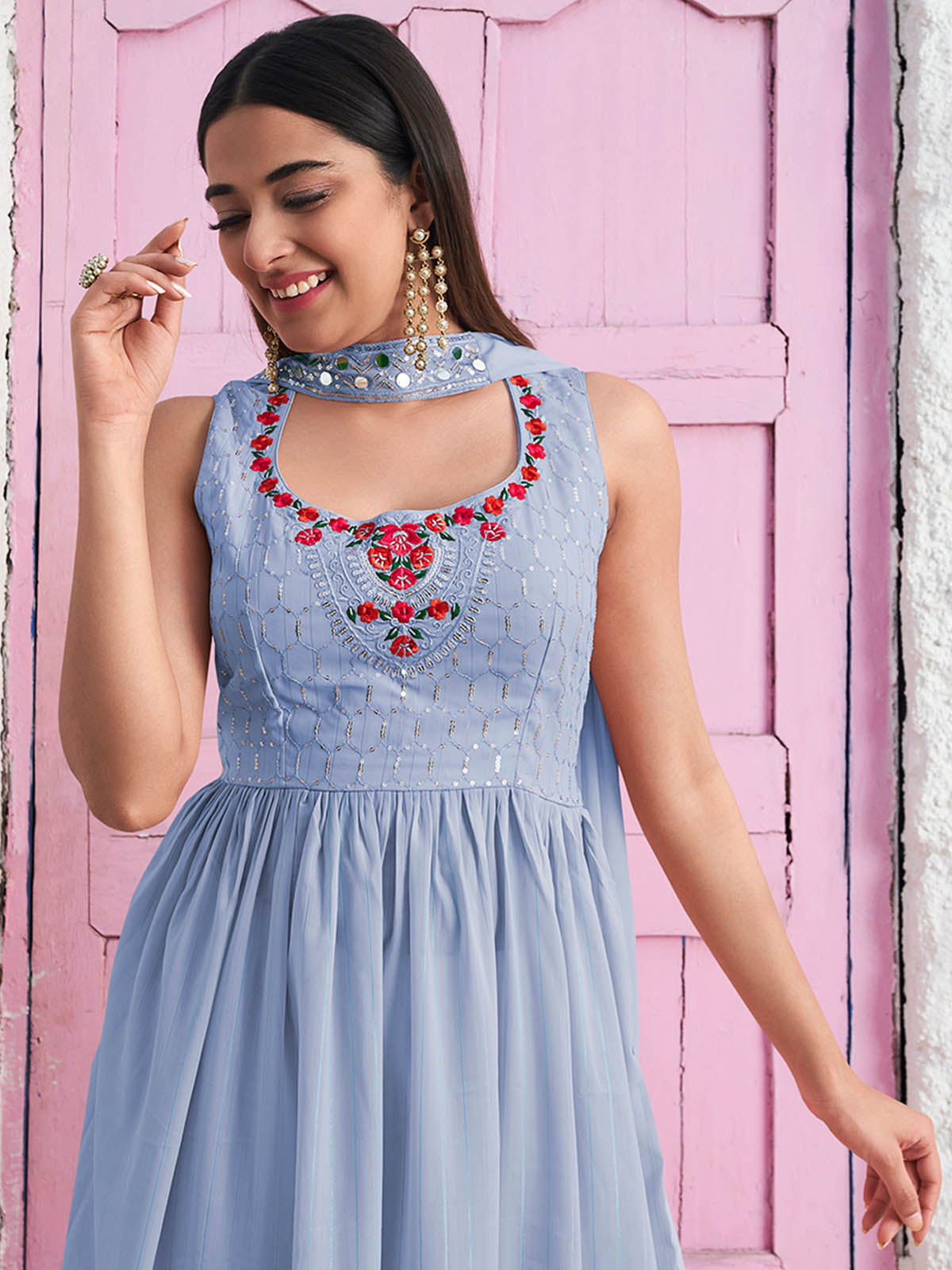 Rajwada - Blue Georgette Embroidered Stitched Salwar Suit