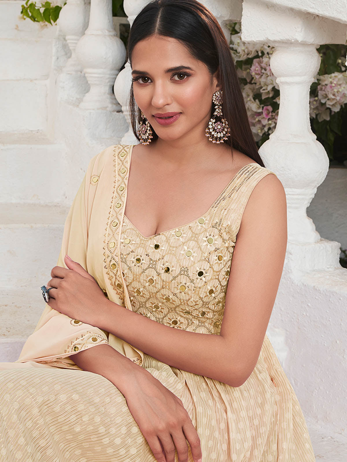 Rajwada - Beige Georgette Embroidered Stitched Salwar Suit