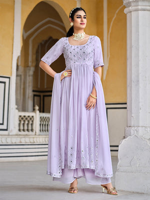 Rajwada Women Lavendar Georgette Embroidered Semi Stitched Salwar Suit