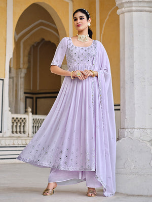Rajwada Women Lavendar Georgette Embroidered Semi Stitched Salwar Suit