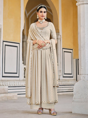 Rajwada Women Beige Georgette Embroidered Semi Stitched Salwar Suit