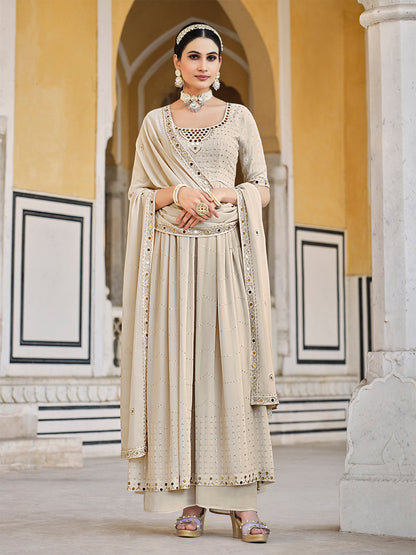 Rajwada Women Beige Georgette Embroidered Semi Stitched Salwar Suit