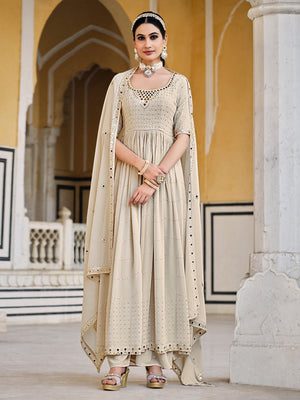 Rajwada Women Beige Georgette Embroidered Semi Stitched Salwar Suit