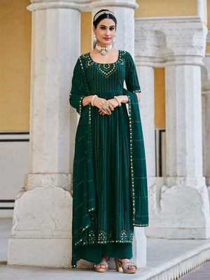 Rajwada Women Dark Green Georgette Embroidered  Stitched Salwar Suit