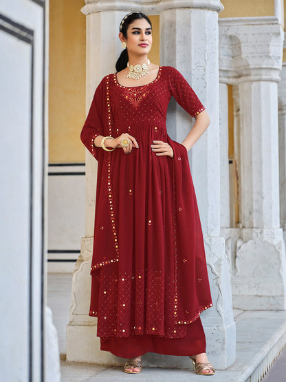 Rajwada Women Maroon Georgette Embroidered Semi Stitched Salwar Suit