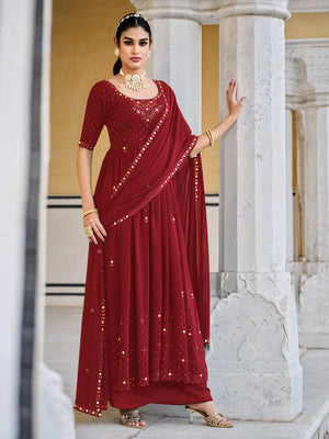 Rajwada Women Maroon Georgette Embroidered Semi Stitched Salwar Suit