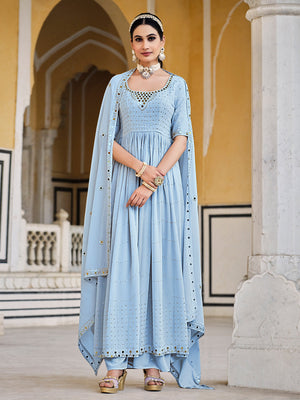 Rajwada Women Blue Georgette Embroidered Semi Stitched Salwar Suit
