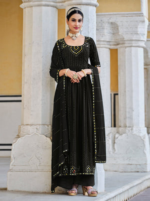 Rajwada Women Black Georgette Embroidered Semi Stitched Salwar Suit