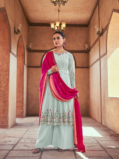 Rajwada - Blue Georgette Semi Stitched Palazzo Suit