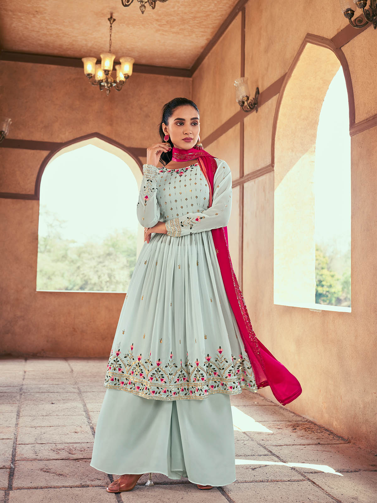 Rajwada - Blue Georgette Semi Stitched Palazzo Suit