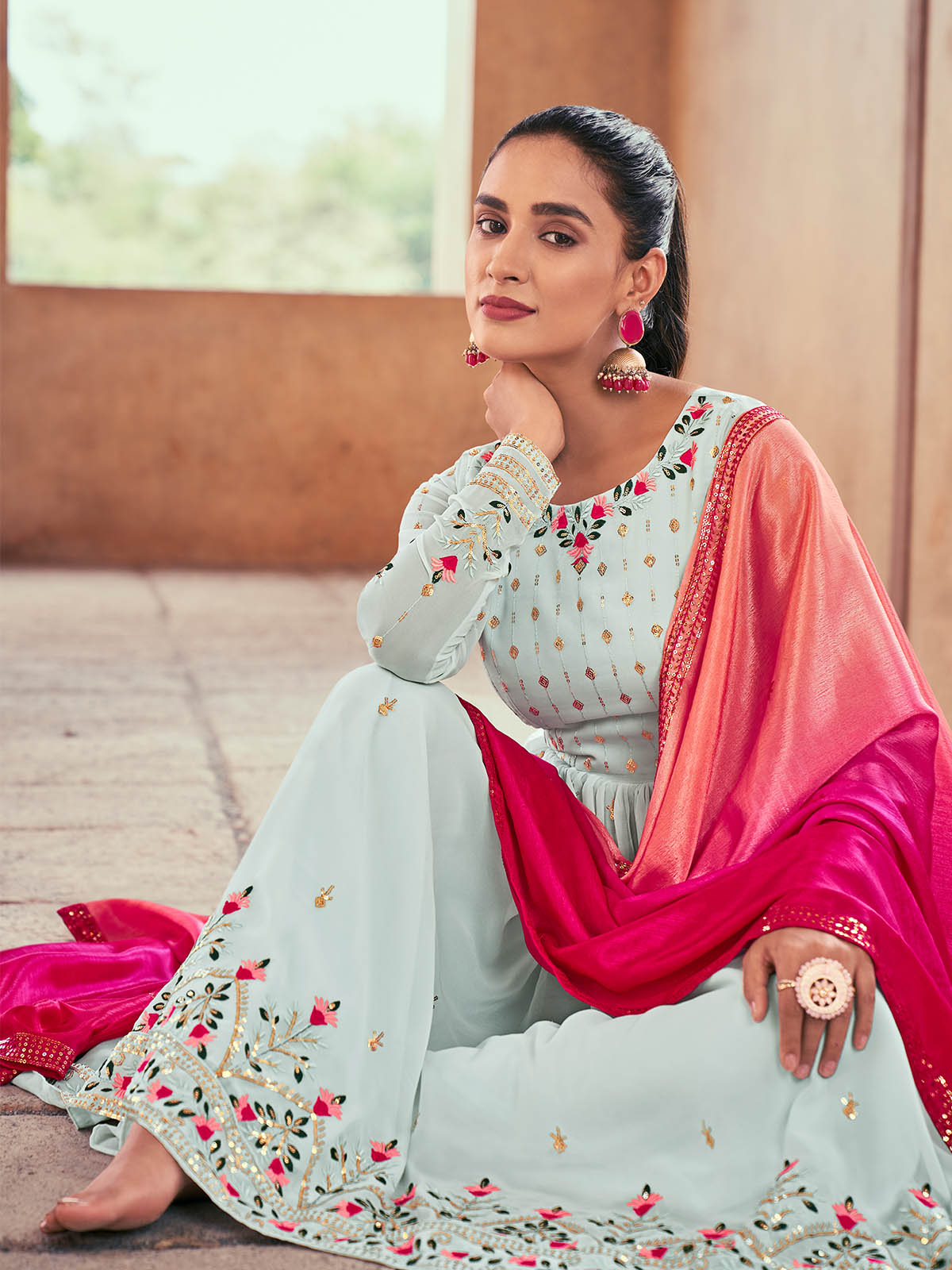 Rajwada - Blue Georgette Semi Stitched Palazzo Suit