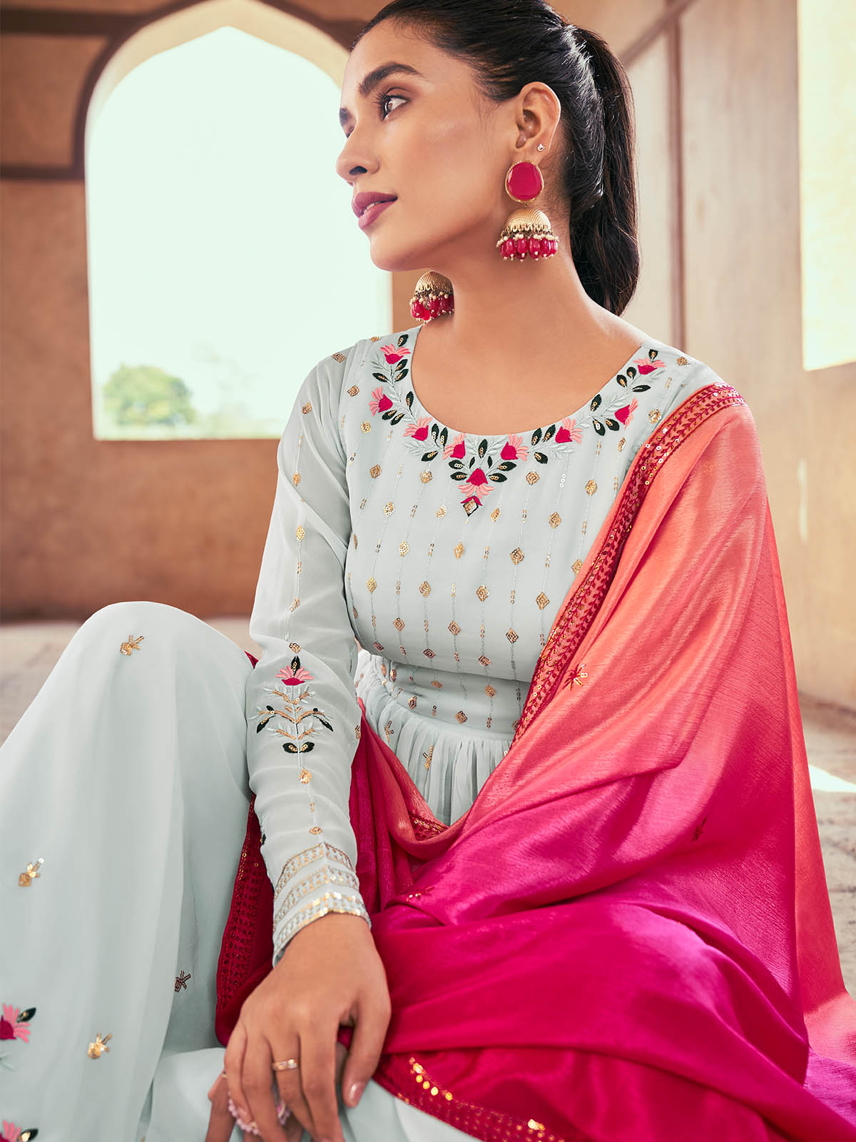 Rajwada - Blue Georgette Semi Stitched Palazzo Suit