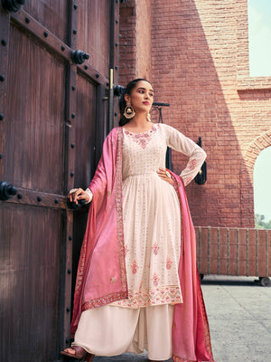 Rajwada - Light Pink Georgette Semi Stitched Palazzo Suit