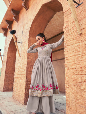 Rajwada - Grey Georgette Semi Stitched Palazzo Suit
