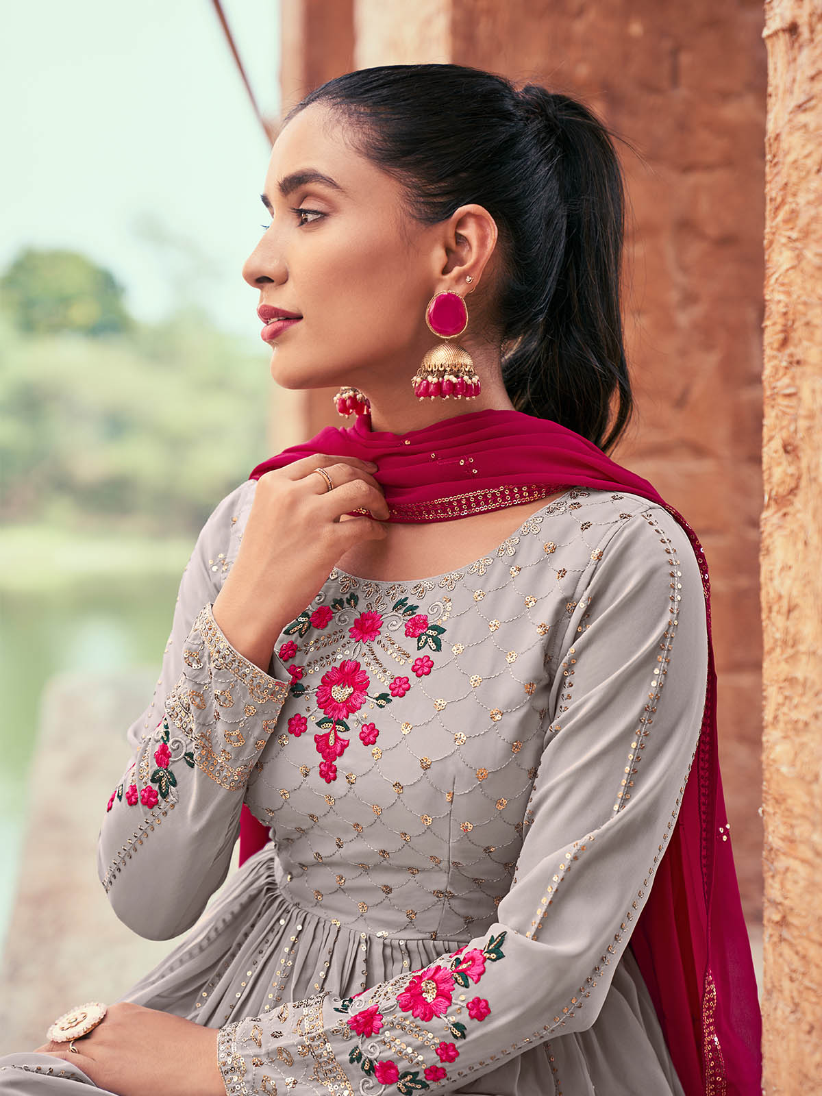 Rajwada - Grey Georgette Semi Stitched Palazzo Suit