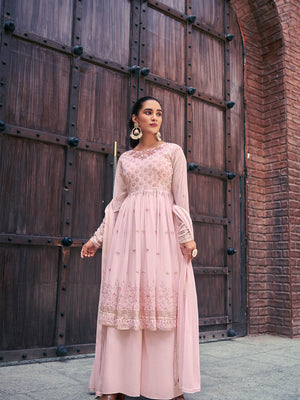 Rajwada - Light Pink Georgette Semi Stitched Palazzo Suit